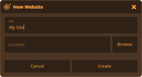 The New Website dialog