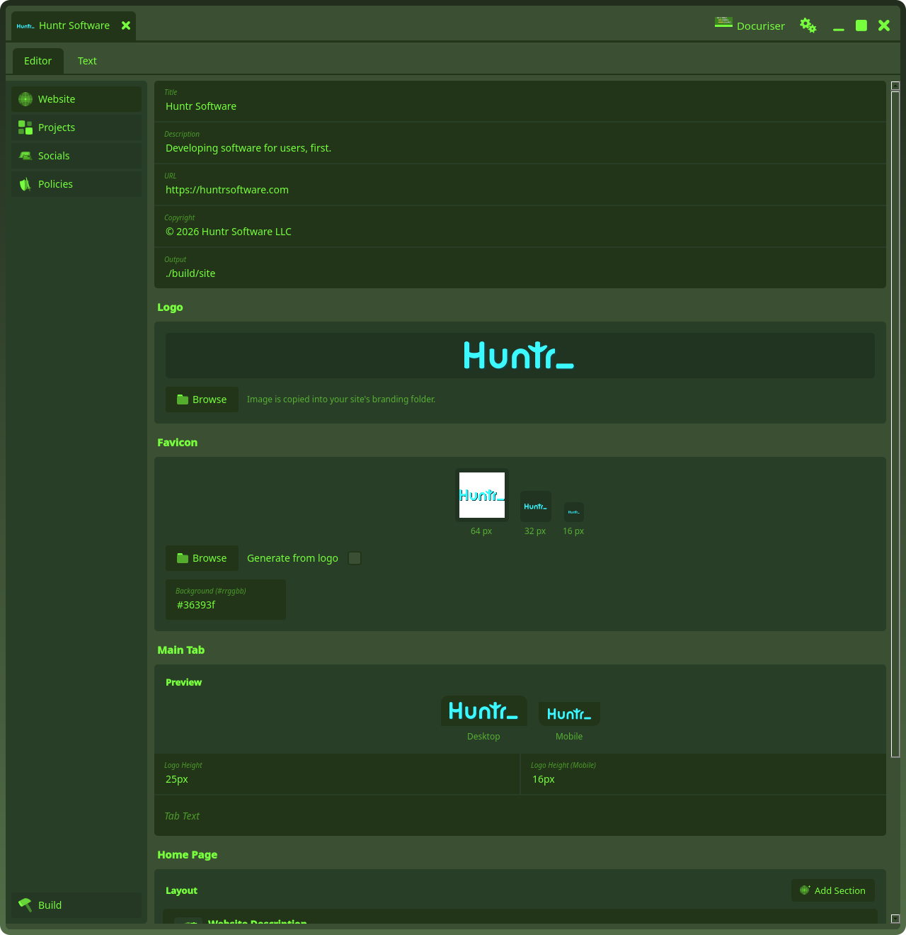 The Home Page layout editor