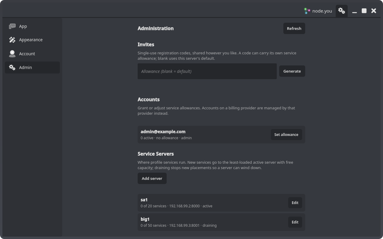 The Admin pane: invites, accounts, and service servers